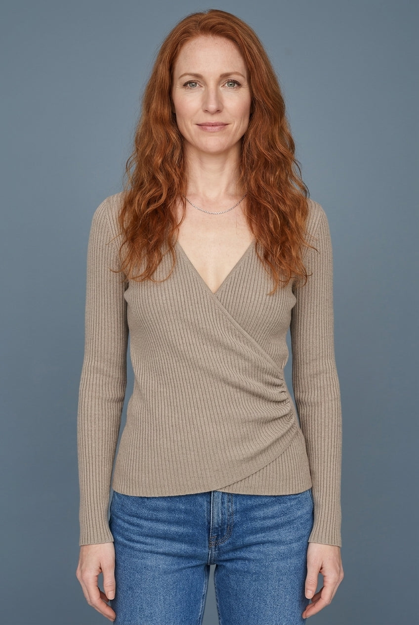 Women's Wrap Sweater with Draped Overlay and Deep V-Neck