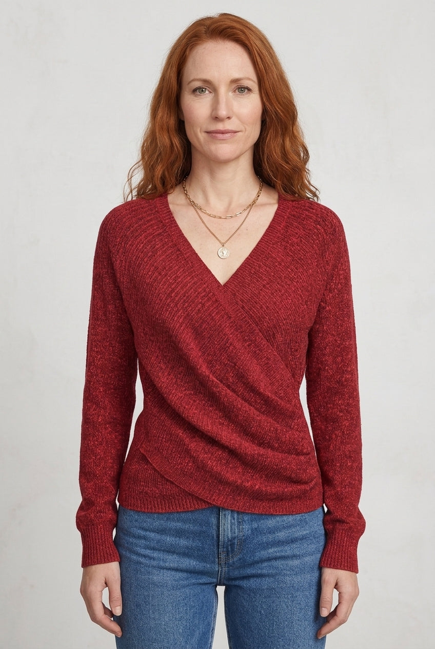 Women's Wrap Sweater with Draped Overlay and Deep V-Neck