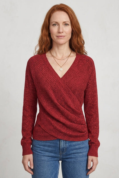 Women's Wrap Sweater with Draped Overlay and Deep V-Neck