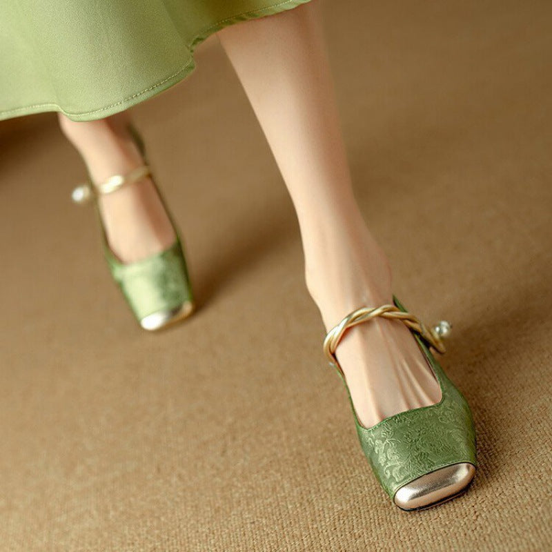Women's Block Heel Mules with Pearl Accent