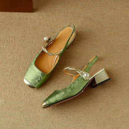 Women's Block Heel Mules with Pearl Accent