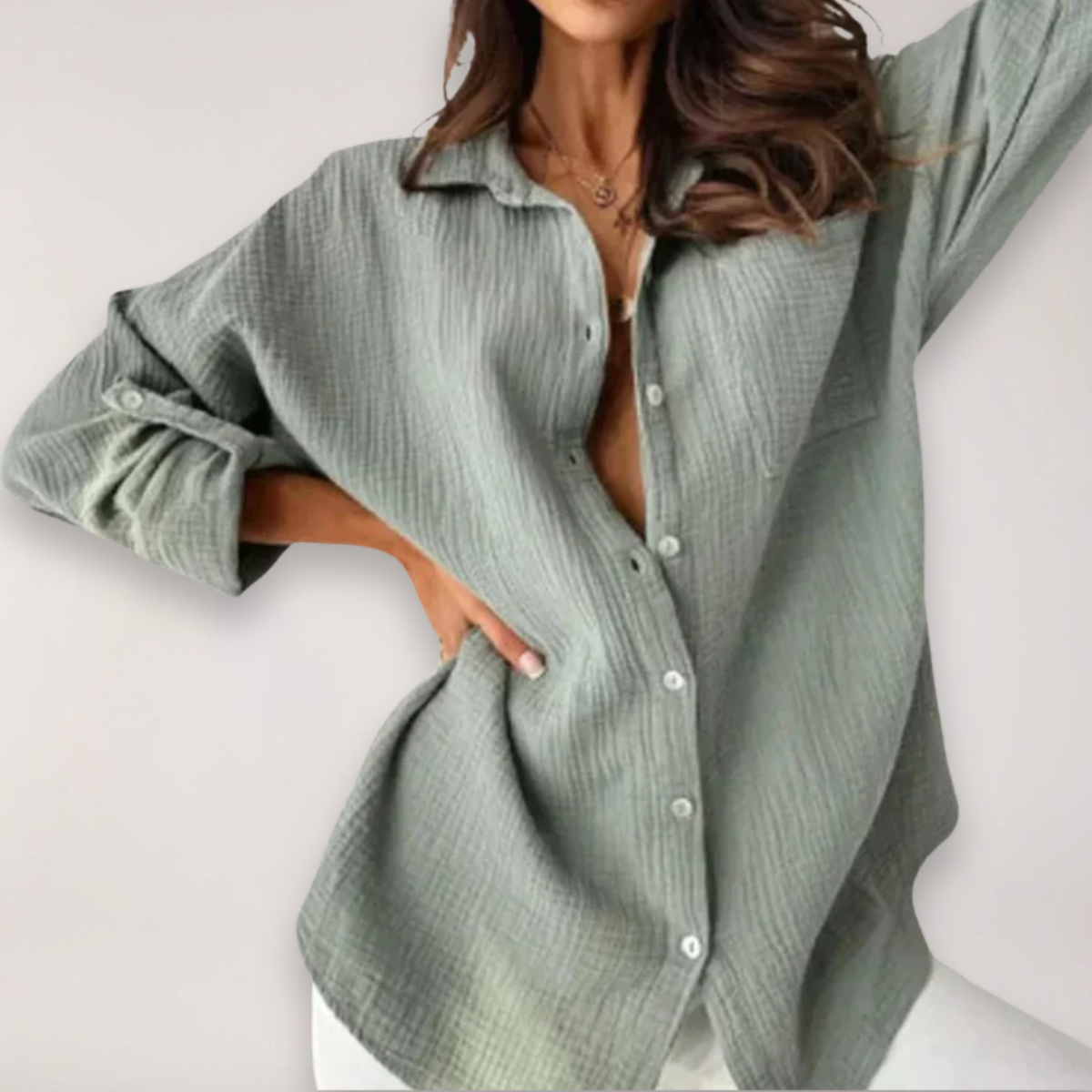 hazel | relaxed button-front shirt with roll-up sleeves grey