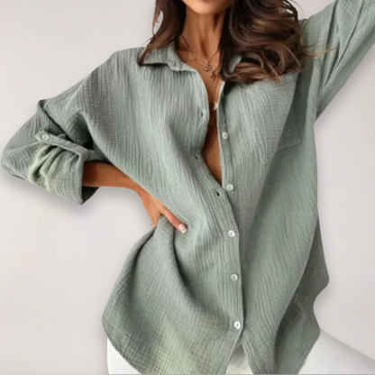 hazel | relaxed button-front shirt with roll-up sleeves grey