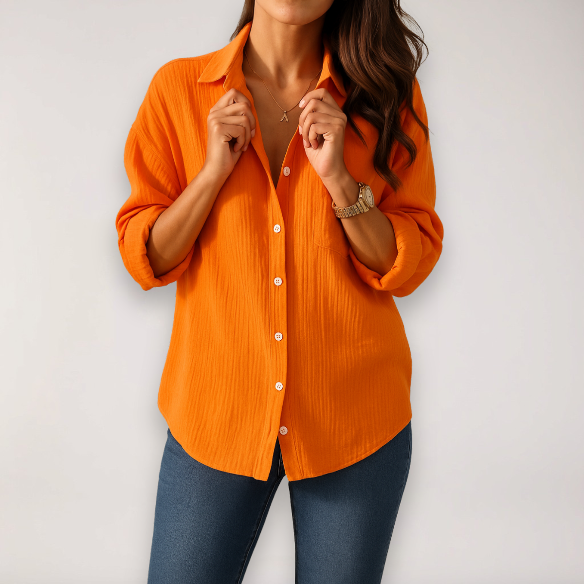 hazel | relaxed button-front shirt with roll-up sleeves orange