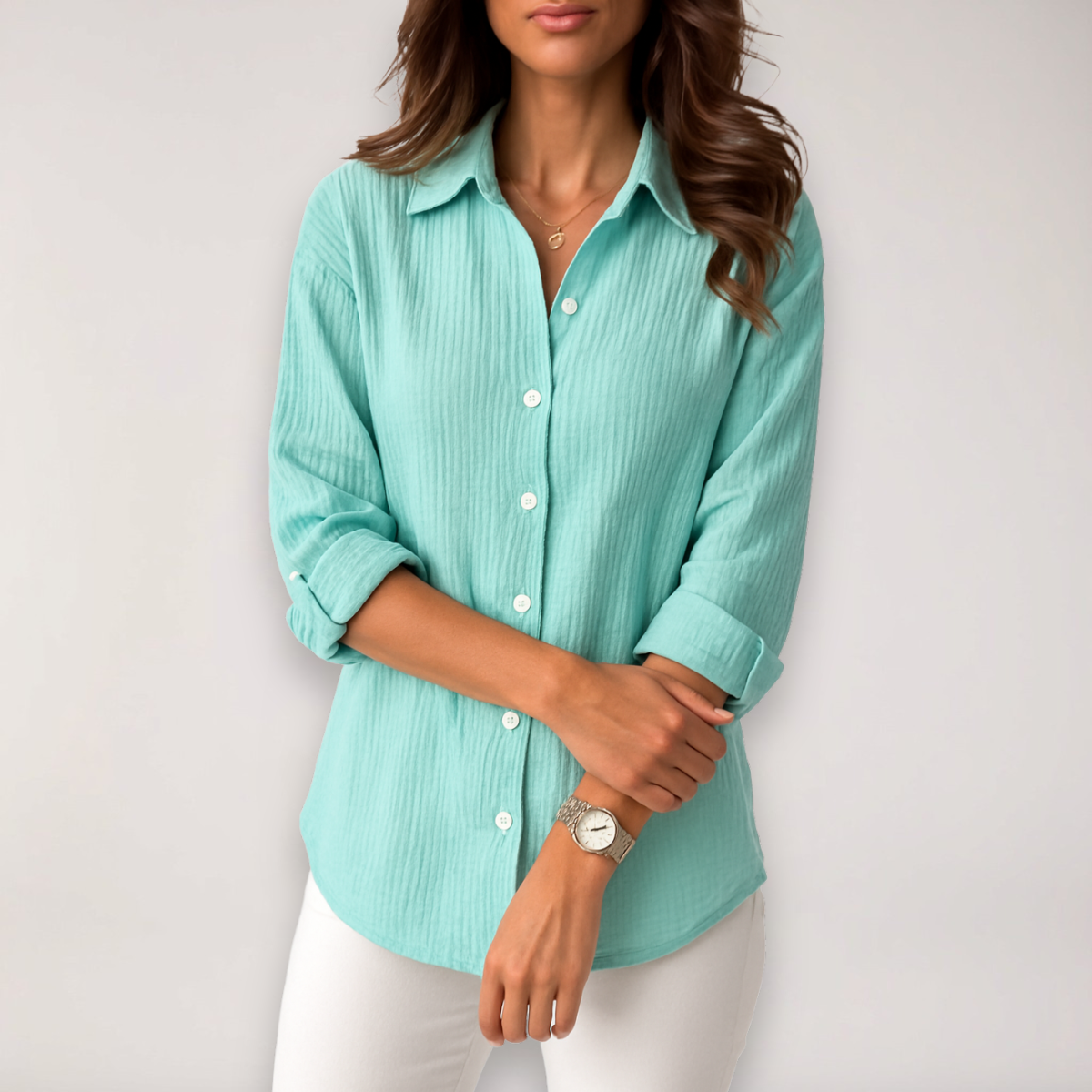 hazel | relaxed button-front shirt with roll-up sleeves aqua blue