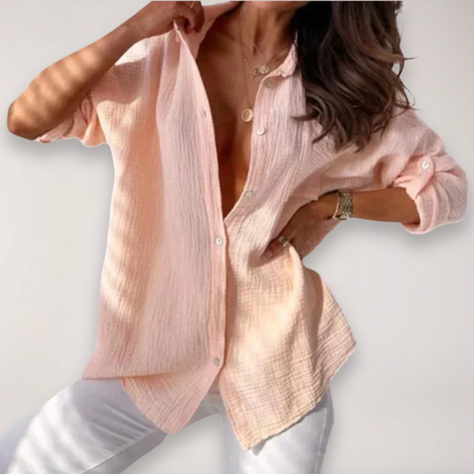hazel | relaxed button-front shirt with roll-up sleeves pink