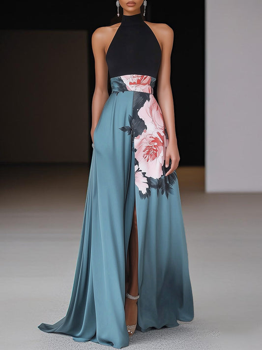 daisy | black floral a-line maxi dress with side slit black