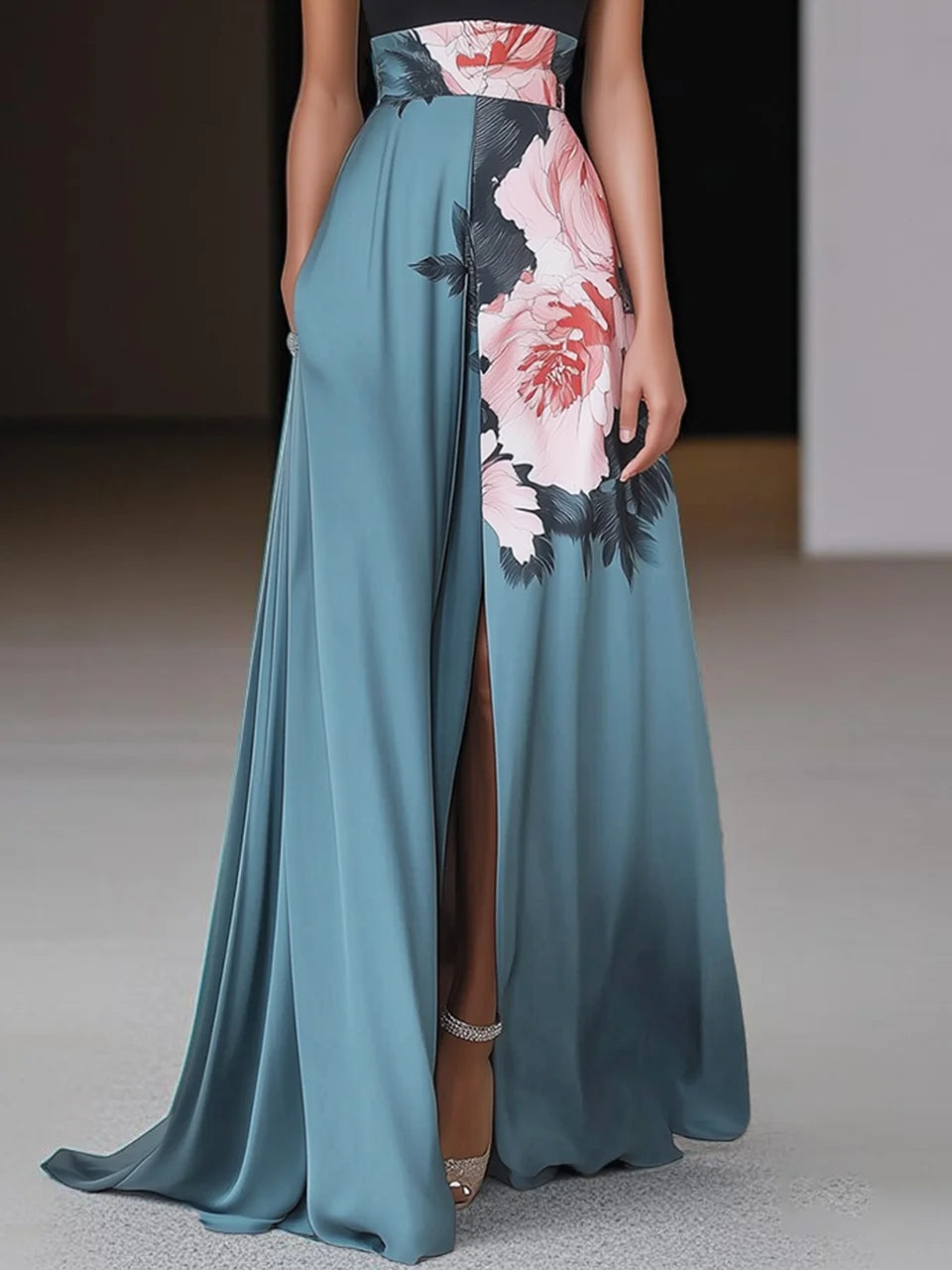 daisy | black floral a-line maxi dress with side slit