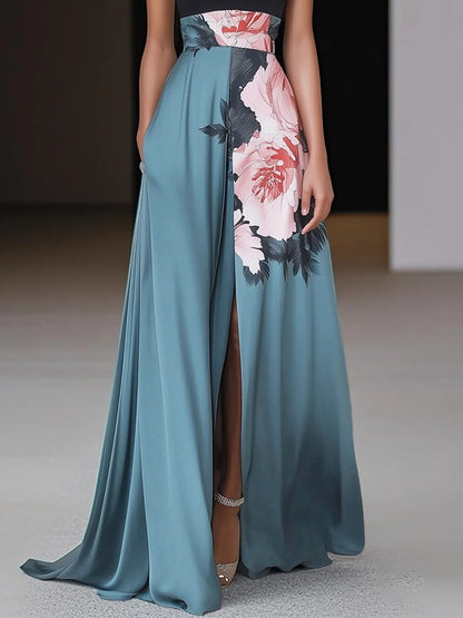 daisy | black floral a-line maxi dress with side slit