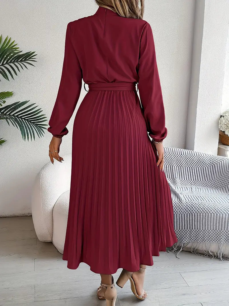 indira | long sleeve pleated belted midi dress