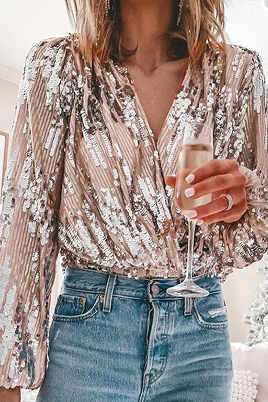 Valeria | Sequin V-Neck Blouse with Long Sleeves