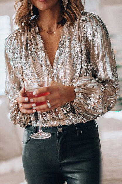 Valeria | Sequin V-Neck Blouse with Long Sleeves