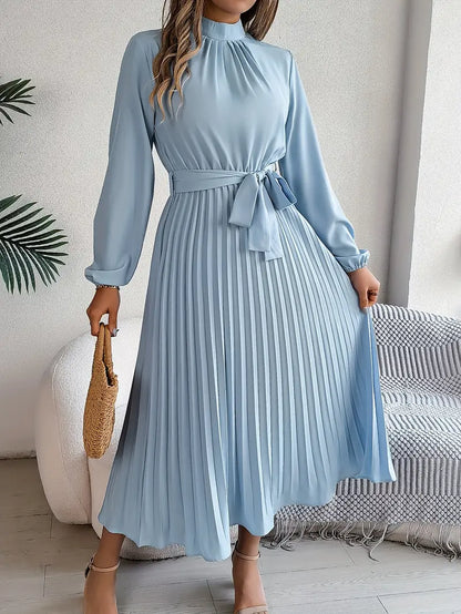 indira | long sleeve pleated belted midi dress light blue
