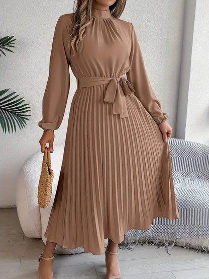 indira | long sleeve pleated belted midi dress khaki