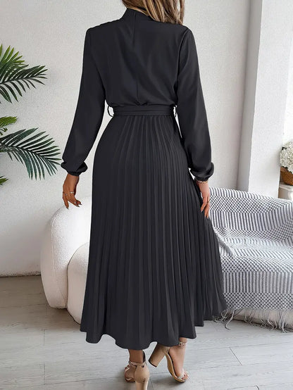 indira | long sleeve pleated belted midi dress