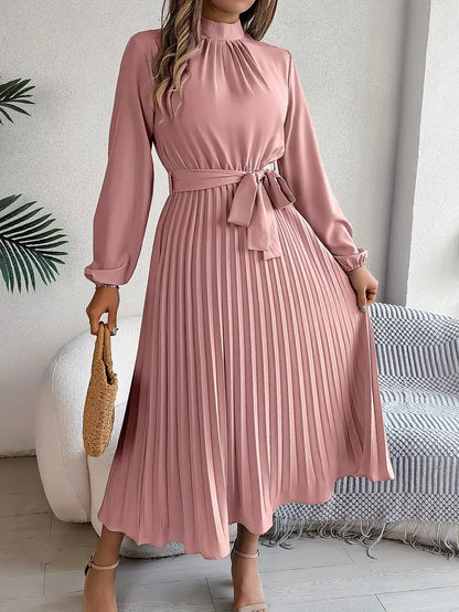 indira | long sleeve pleated belted midi dress pink