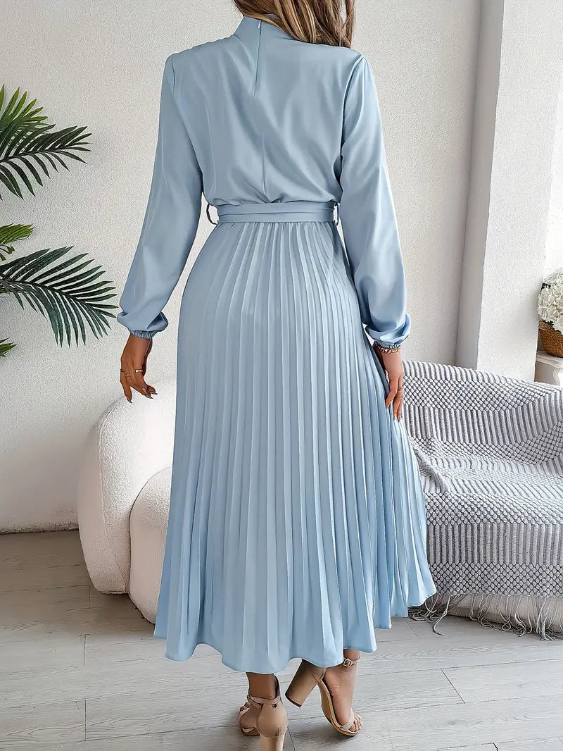 indira | long sleeve pleated belted midi dress