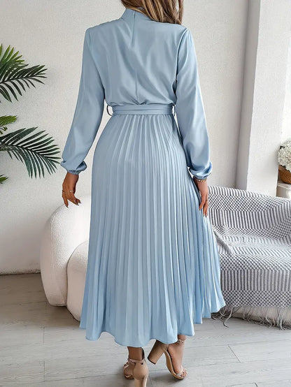 indira | long sleeve pleated belted midi dress