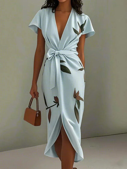 daisy | leaf print wrap dress light blue