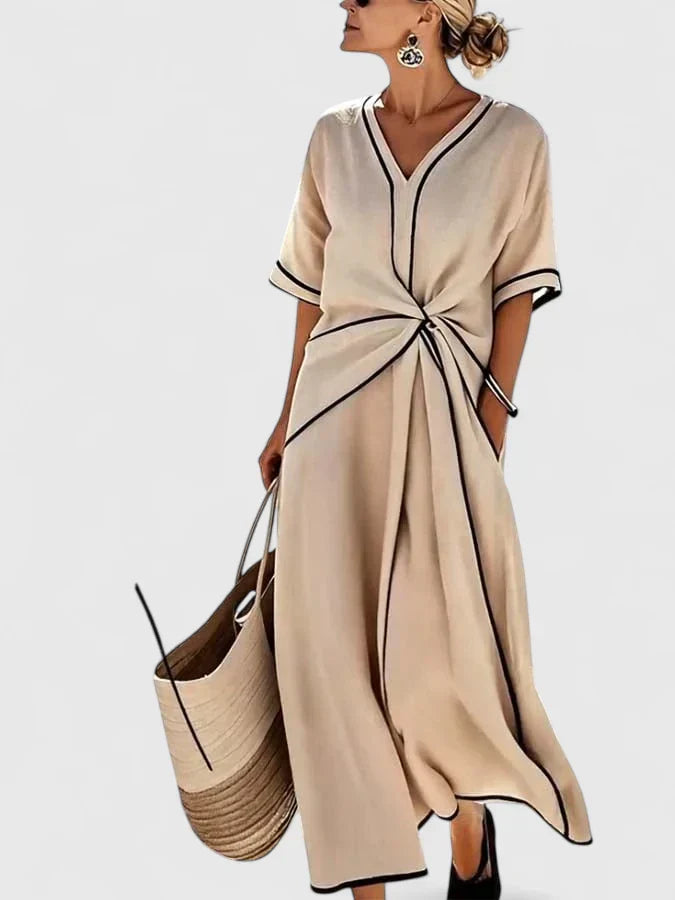rosalind | v-neck tie waist midi dress beige