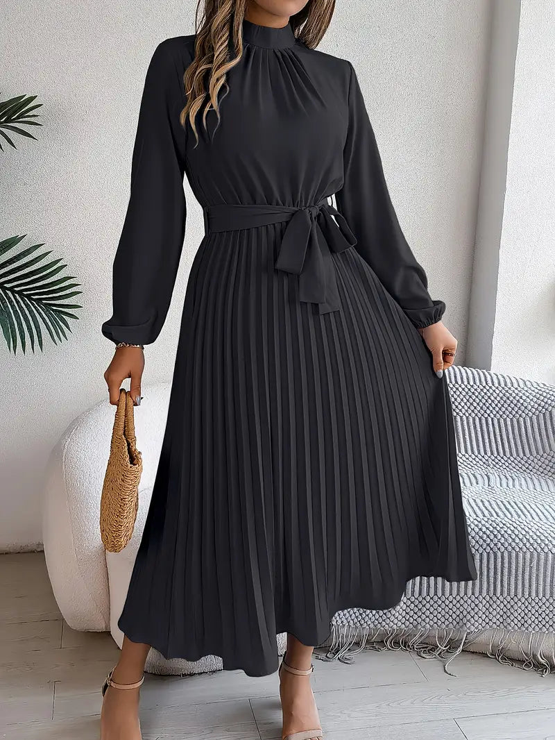 indira | long sleeve pleated belted midi dress black