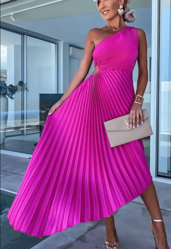 isolde | one-shoulder pleated maxi dress pink