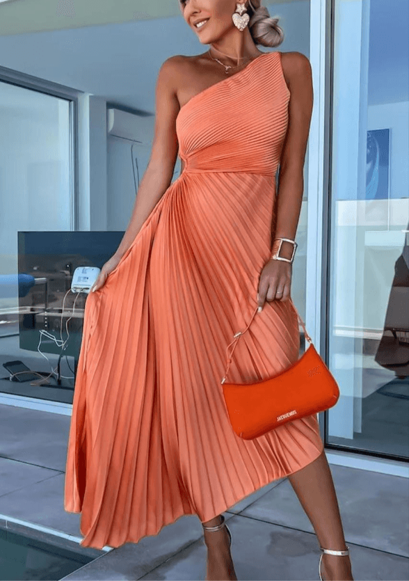 isolde | one-shoulder pleated maxi dress orange