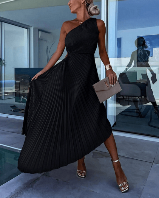 isolde | one-shoulder pleated maxi dress black