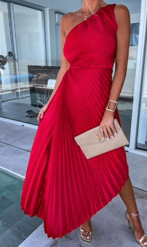 isolde | one-shoulder pleated maxi dress red