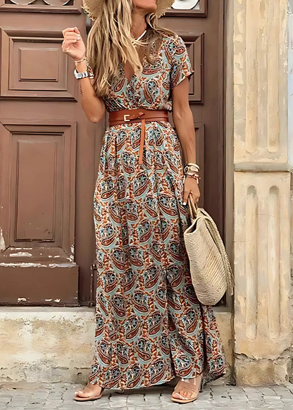 harriet | printed v-neck split maxi dress brown
