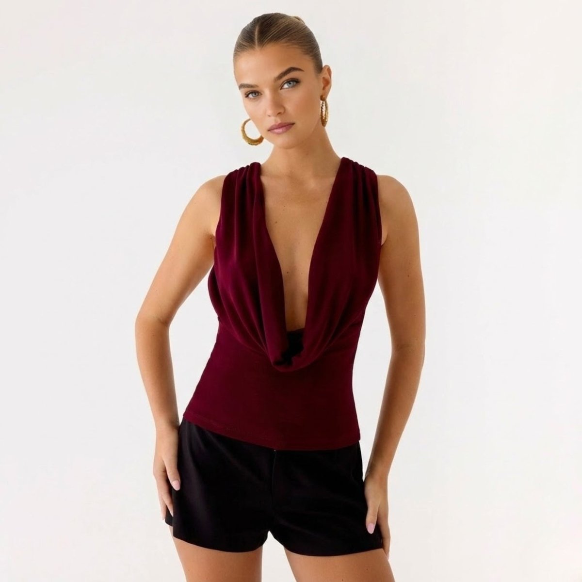 rhea | cowl neck open back evening top burgundy