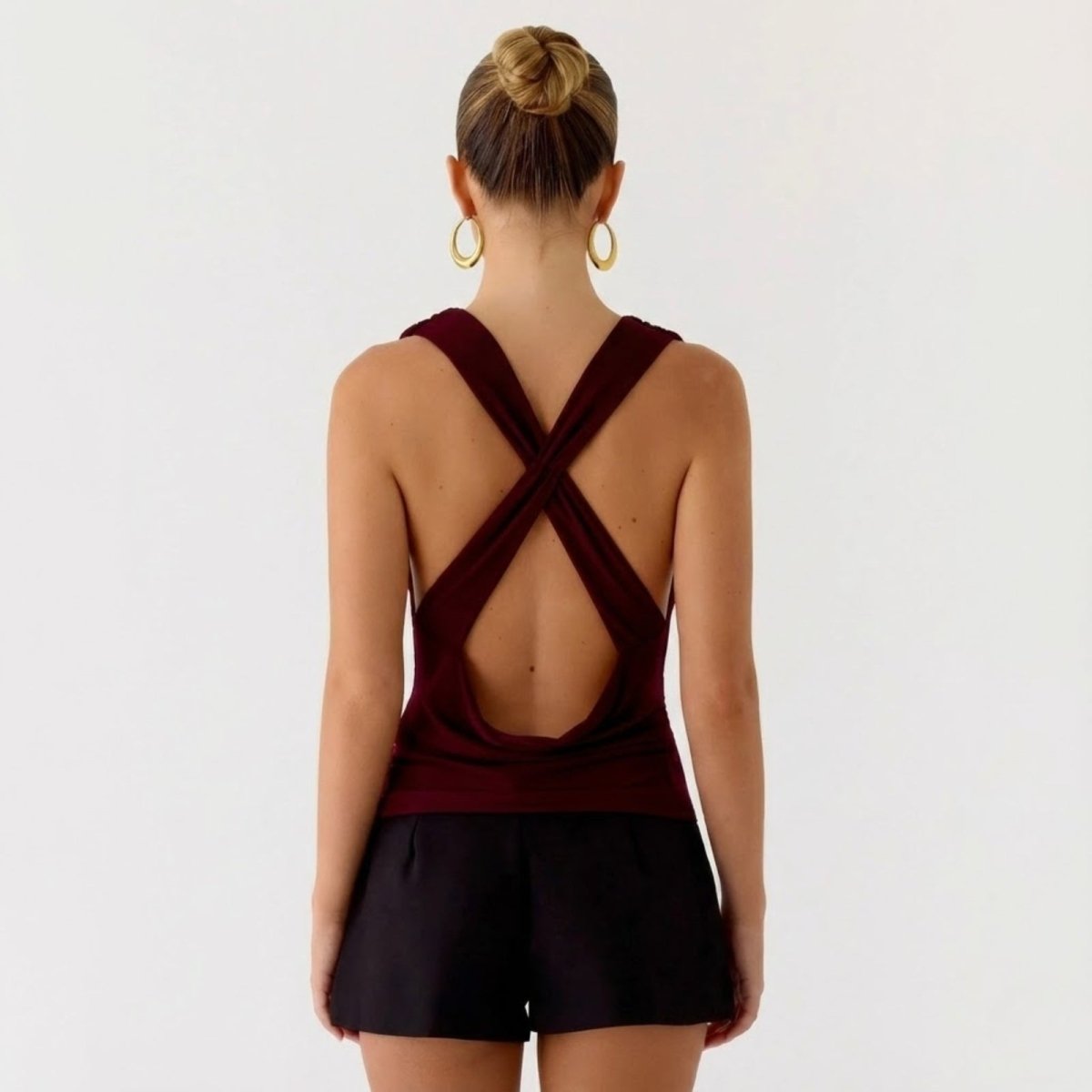 rhea | cowl neck open back evening top