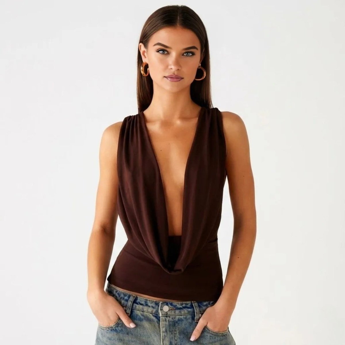 rhea | cowl neck open back evening top dark brown