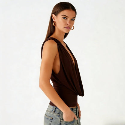 rhea | cowl neck open back evening top