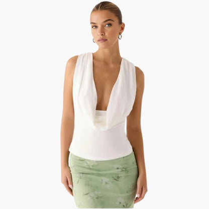 rhea | cowl neck open back evening top champagne