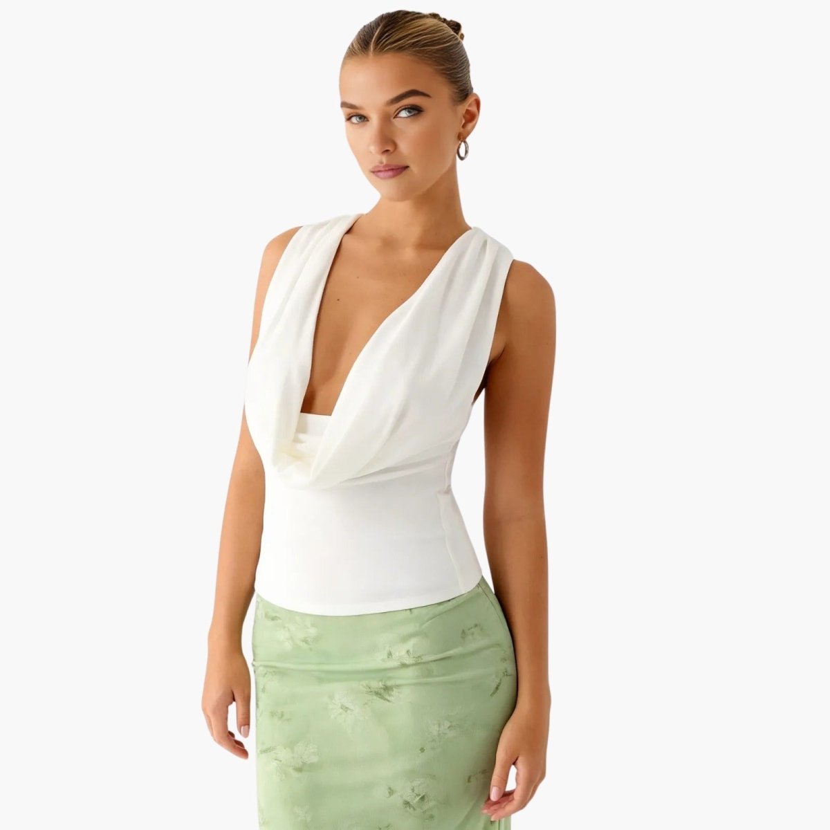 rhea | cowl neck open back evening top