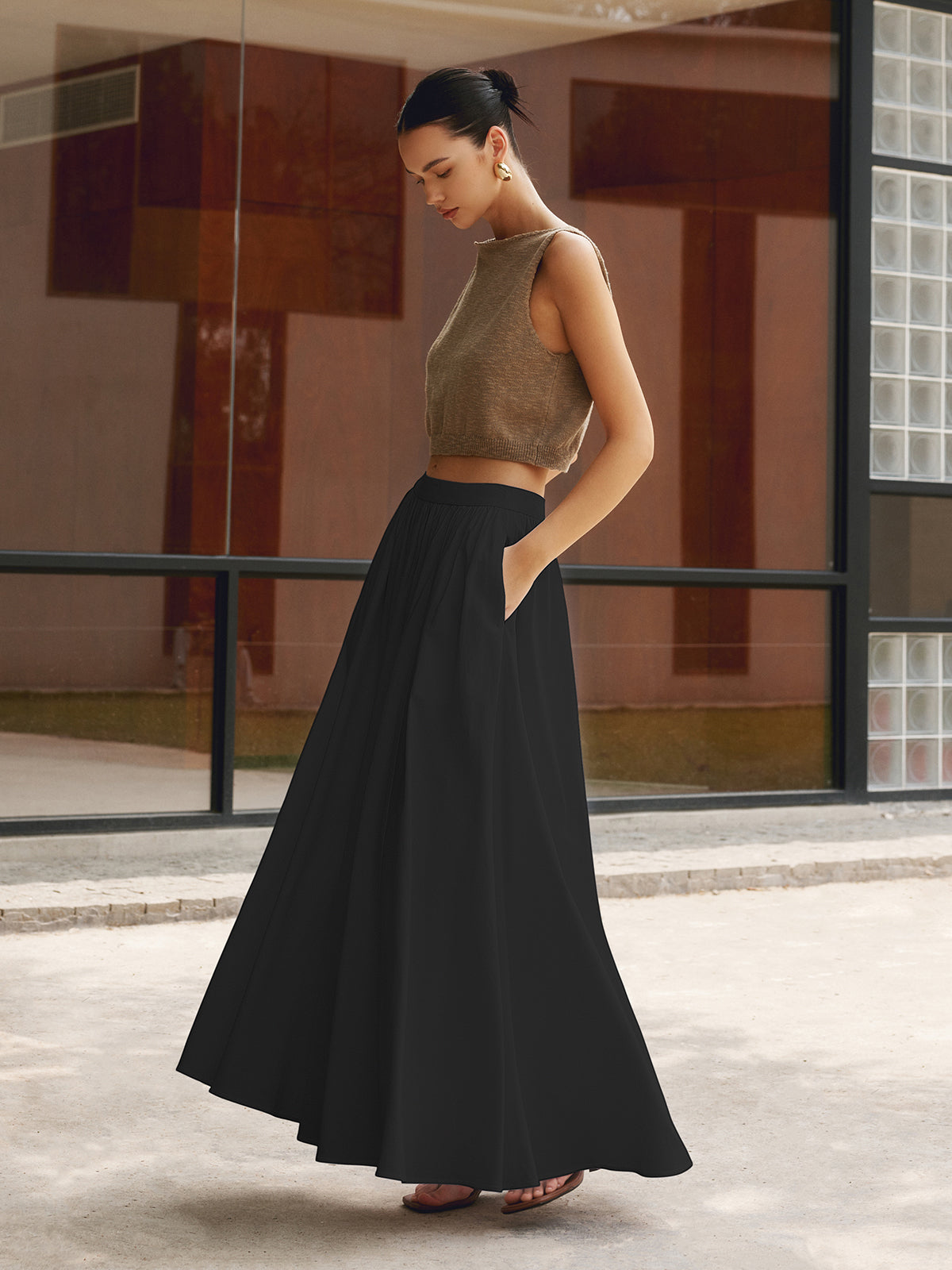 daisy | high waist pleated a-line maxi skirt black