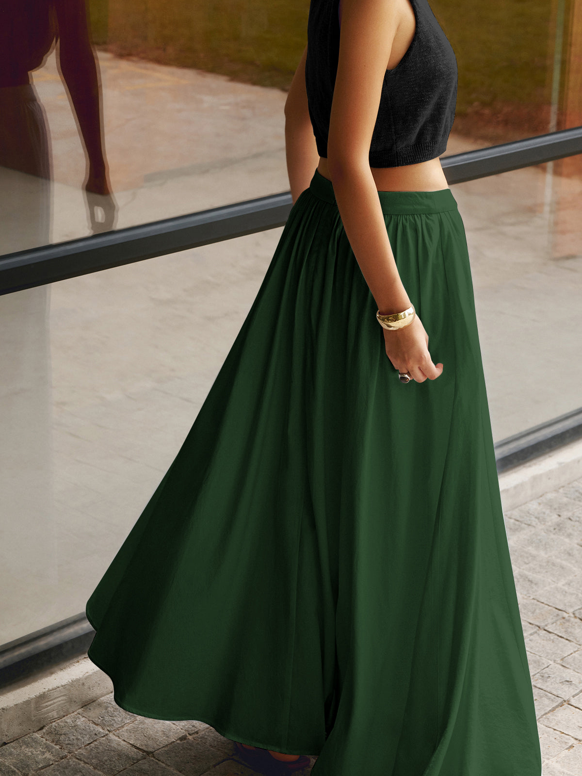 daisy | high waist pleated a-line maxi skirt green