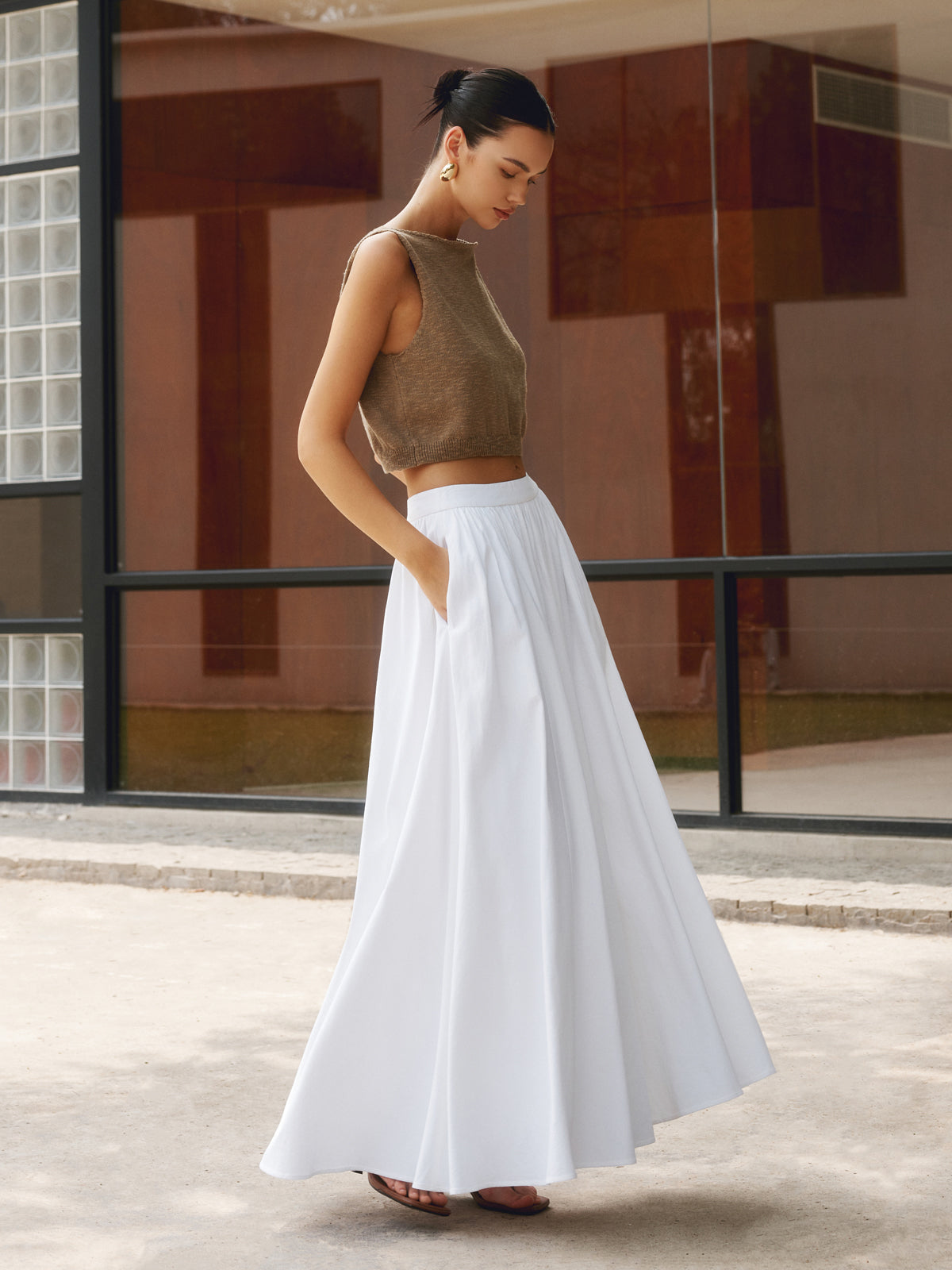 daisy | high waist pleated a-line maxi skirt white