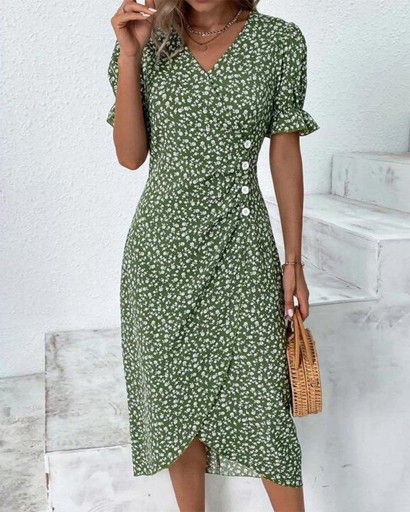 daisy | floral midi wrap dress with button detail green