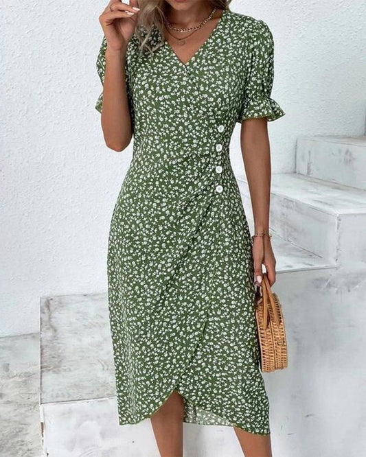 daisy | floral midi wrap dress with button detail green