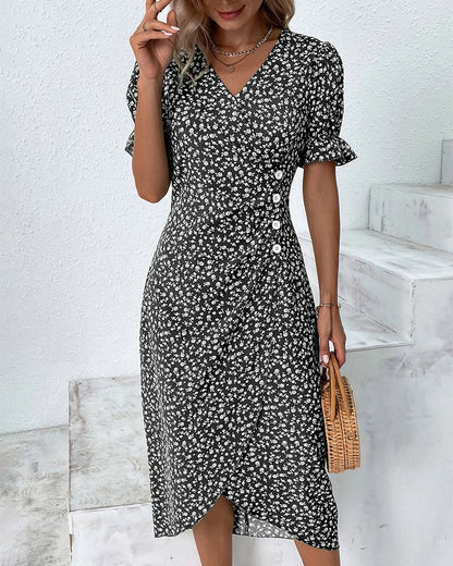 daisy | floral midi wrap dress with button detail black