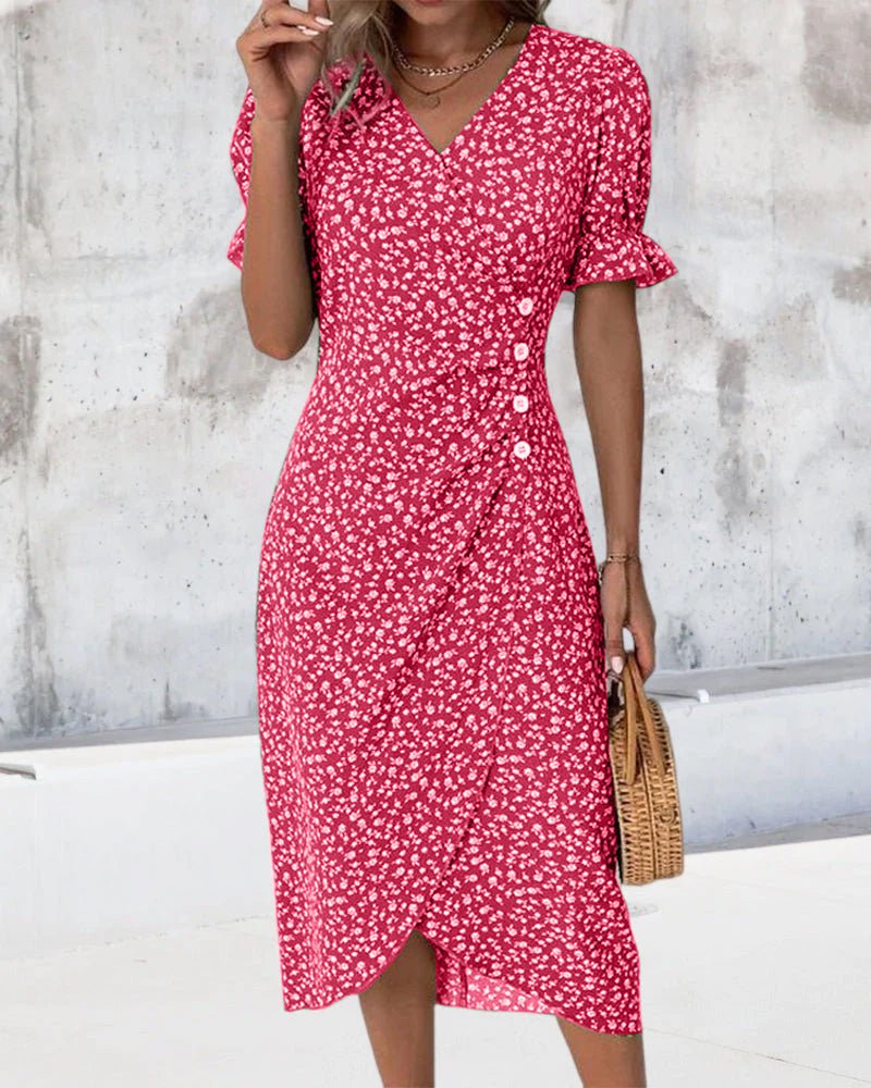 daisy | floral midi wrap dress with button detail red