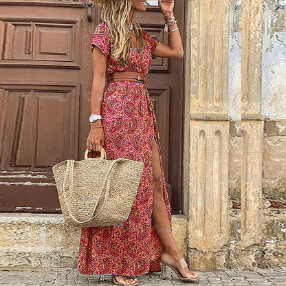 harriet | printed v-neck split maxi dress pink