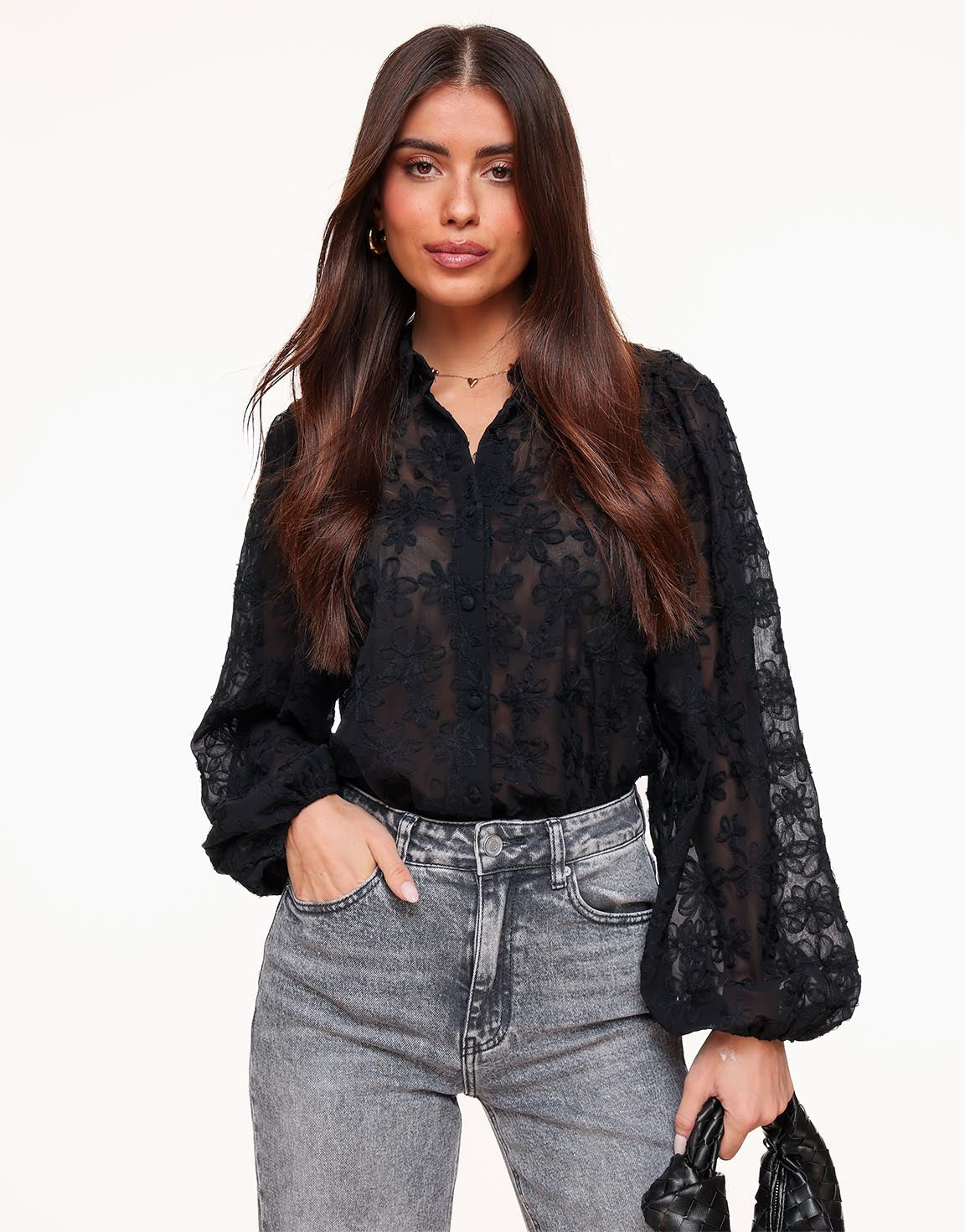 noir | sheer floral embroidered blouse black