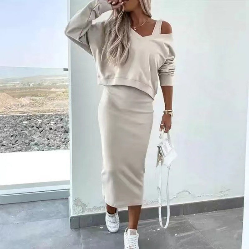 daisy | v-neck sweater and sleeveless dress set beige
