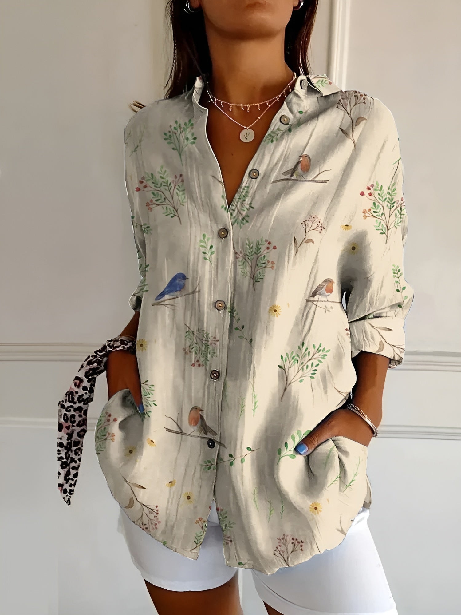amelia | floral button-front blouse bird print