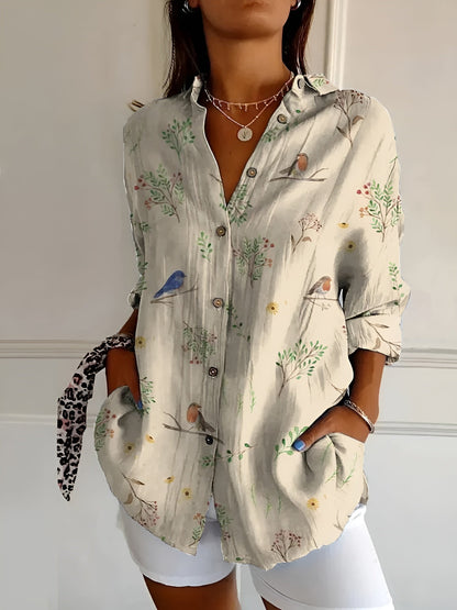 amelia | floral button-front blouse bird print