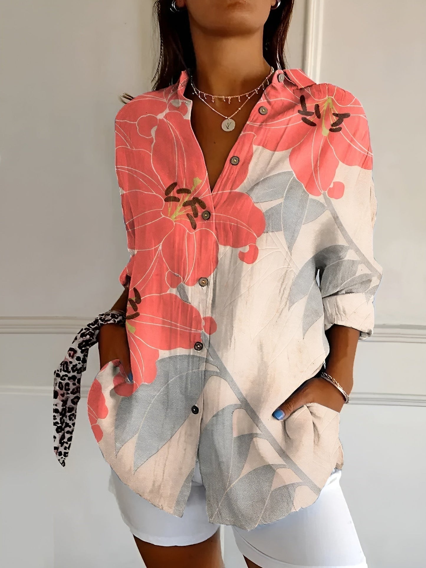 amelia | floral button-front blouse orange & grey floral