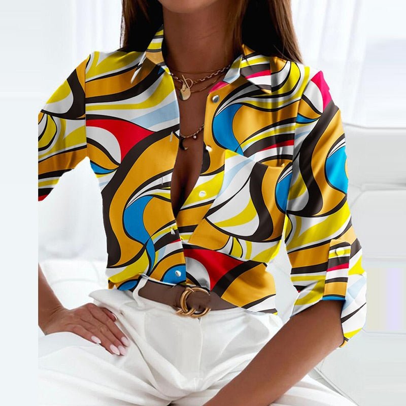 ophelia | printed long sleeve button top yellow labyrinth